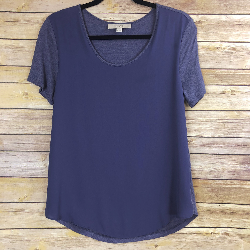 LOFT Chiffon Front Blue Fluid T-Shirt - Medium
